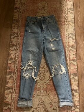 Topshop Ripped Boyfriend Jeans - Medium Blue